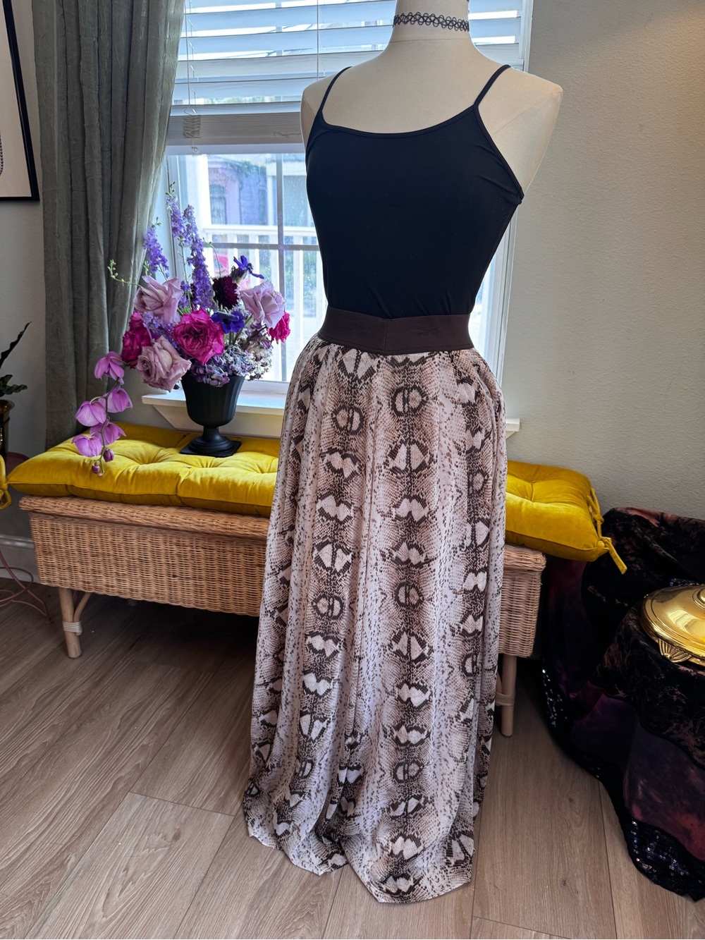White House Black Market Neutral Snake-Print Maxi Skirt with Brown Waistband